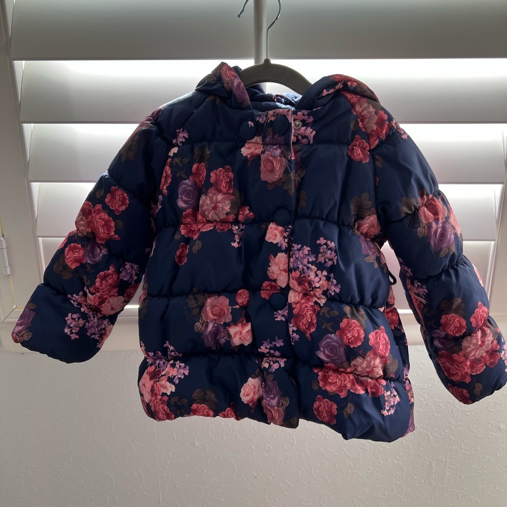 Toddler hooded winter coat, fleece-lined, with clip for mittens/gloves, size 2T